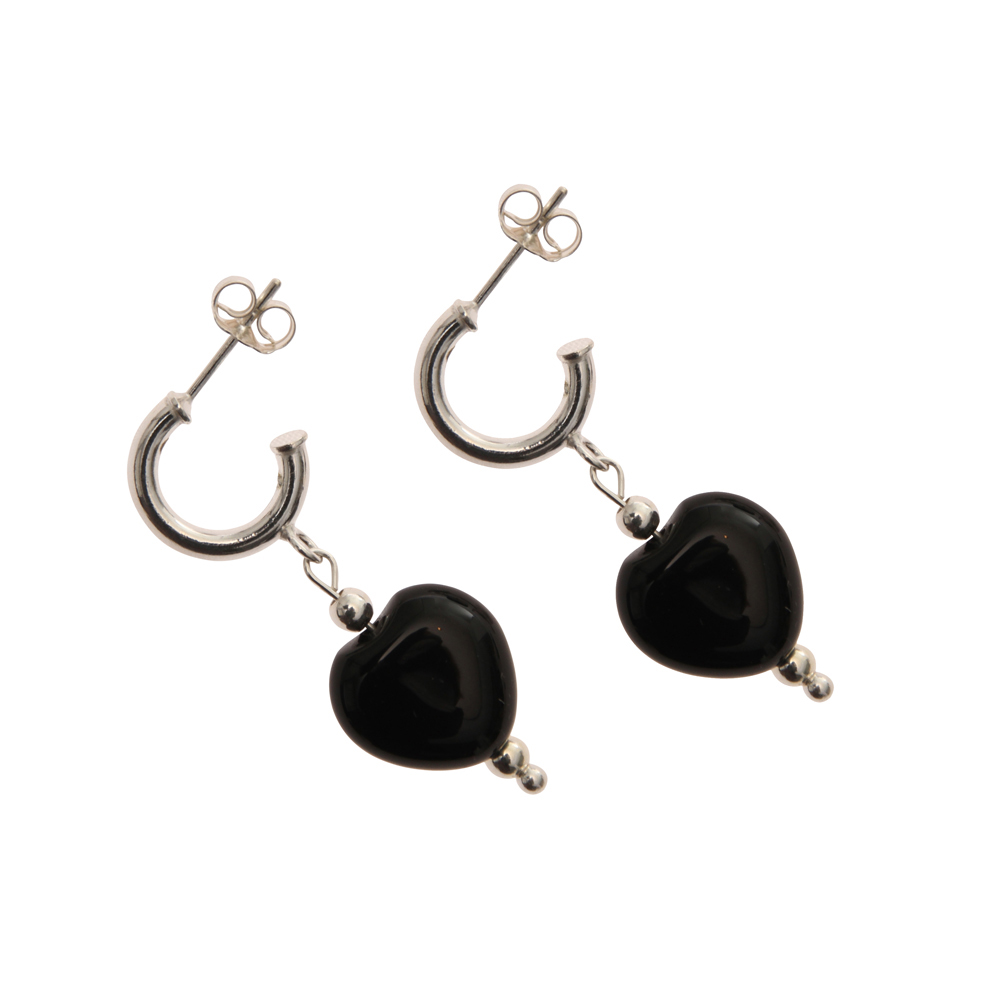 Black Agate Handmade Heart Earrings In Sterling Silver - Kelvedon Collection